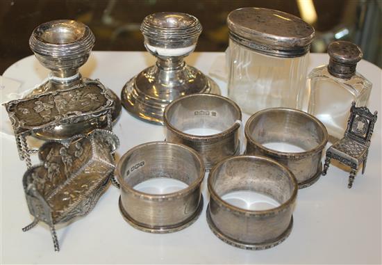 Miniature silver furniture, mainly Dutch (5), set 4 silver napkin rings, pr dwarf candlesticks (af) & 2 toilet jars